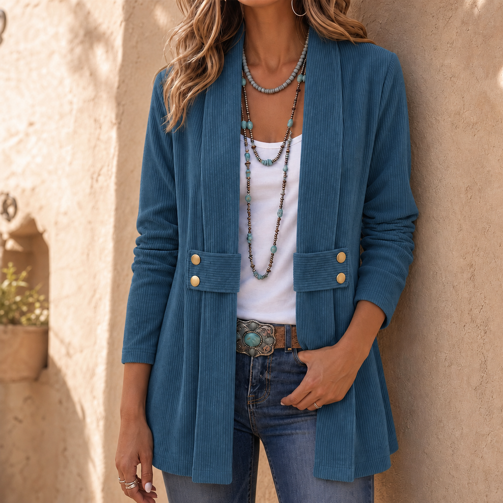 Ribvale – Open-Front Ribbed Corduroy Waist-Tab Jacket