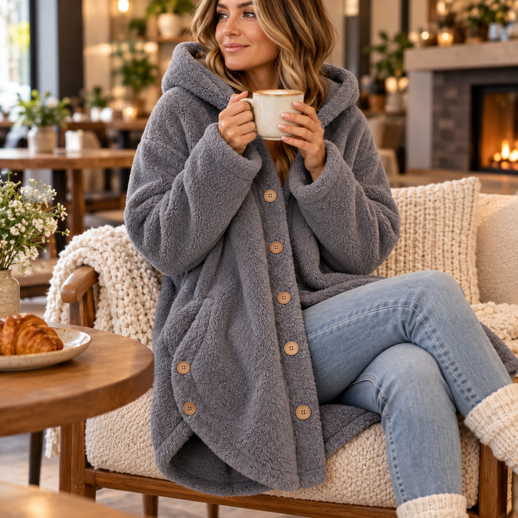 Veluna – Asymmetrical Button-Front Hooded Fleece Coat