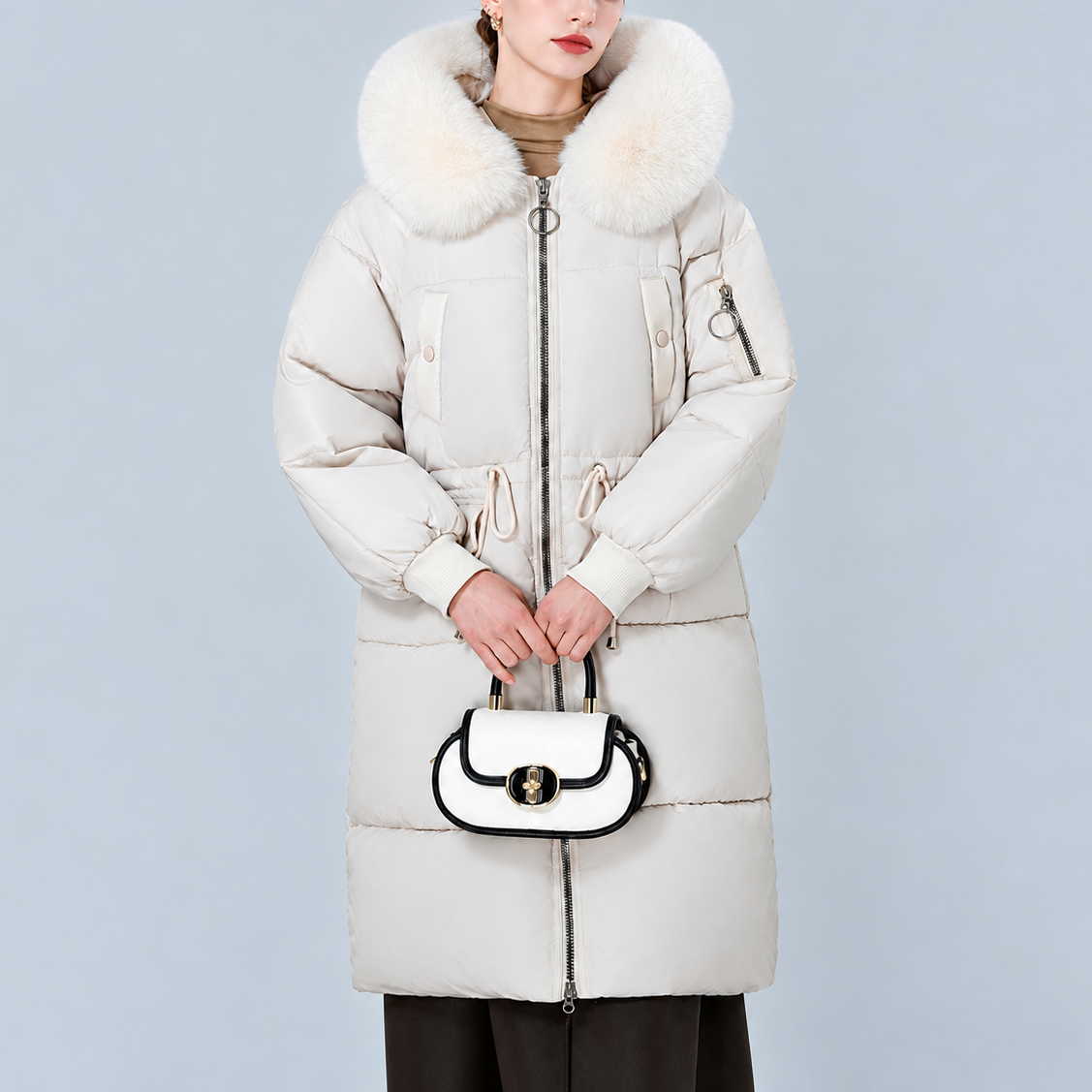 Veluna – Plush Hood Trim Mid-Long Padded Winter Coat