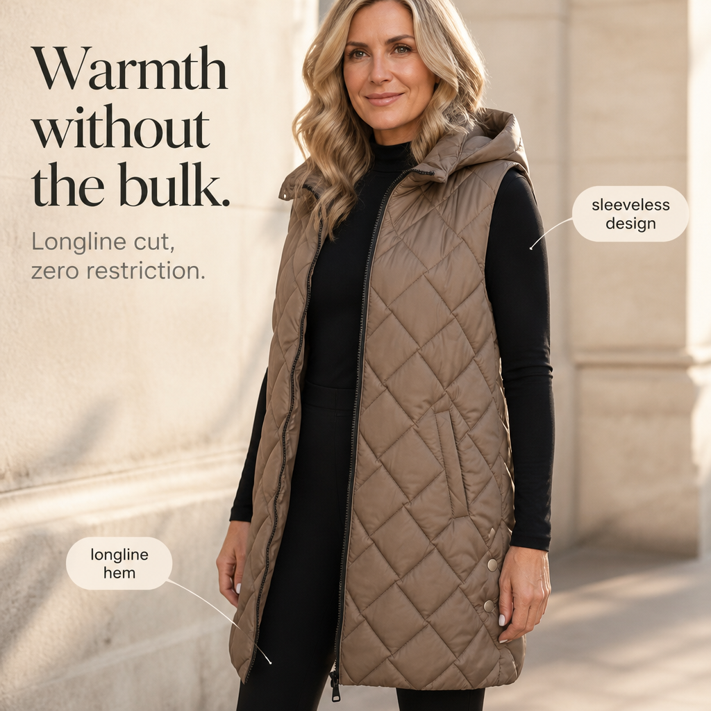 Quilted Ease – Square-Quilted Longline Hooded Vest