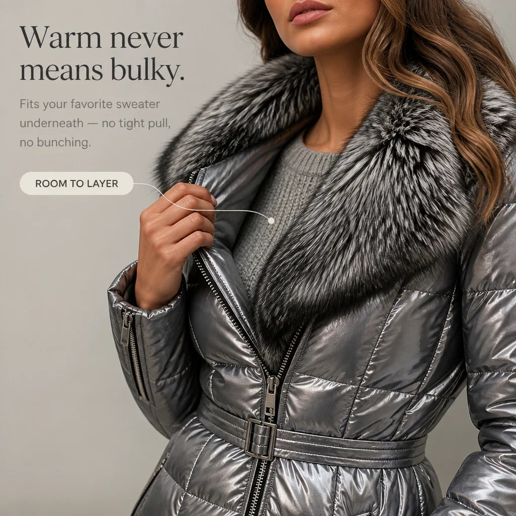 Veluna – Metallic Faux-Fur Collar Belted Puffer Jacket