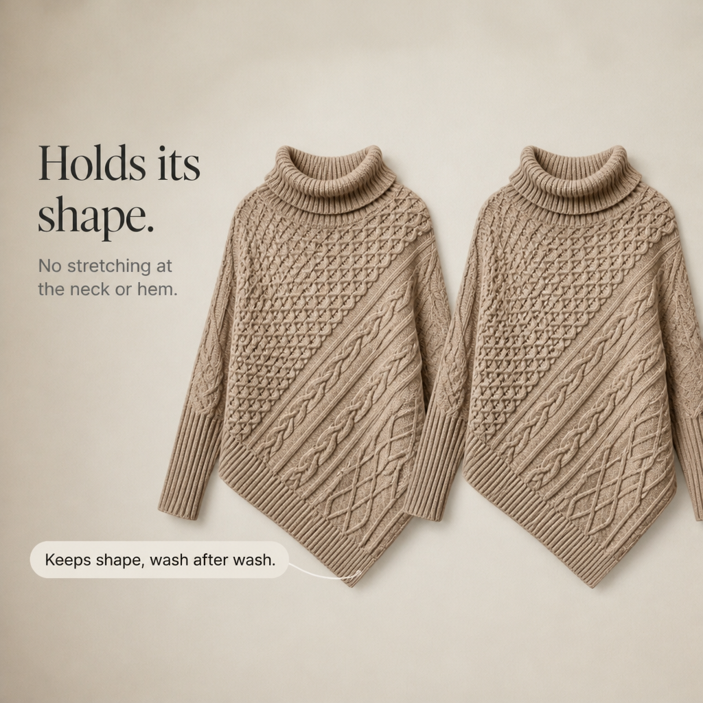 Cablelle – Asymmetric Cable-Knit Turtleneck Poncho