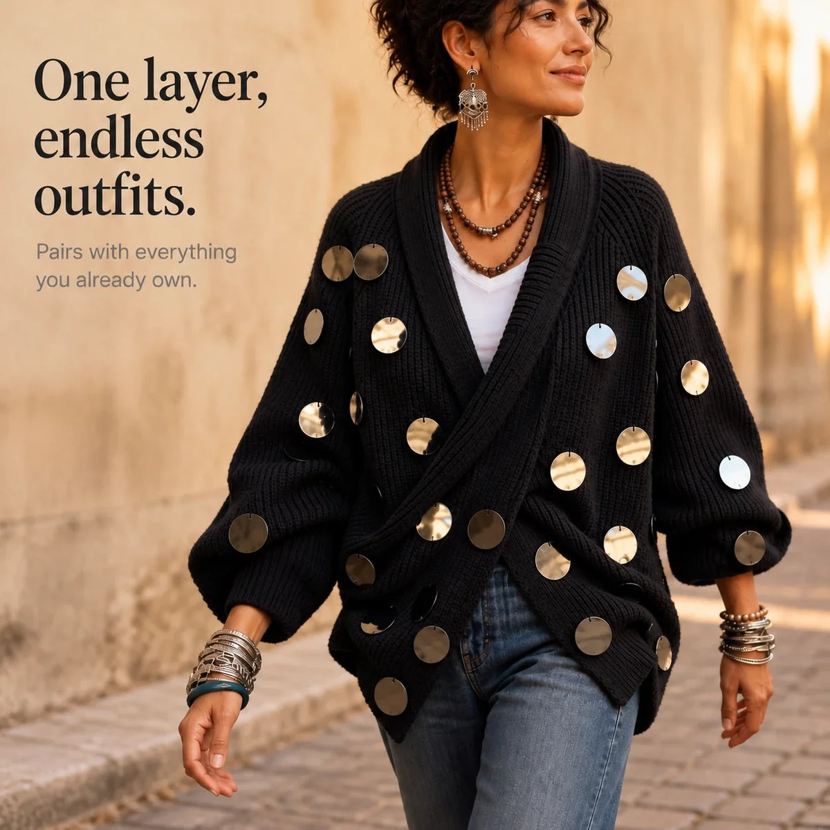 Diskelle – Metallic Disk Wrap Cardigan