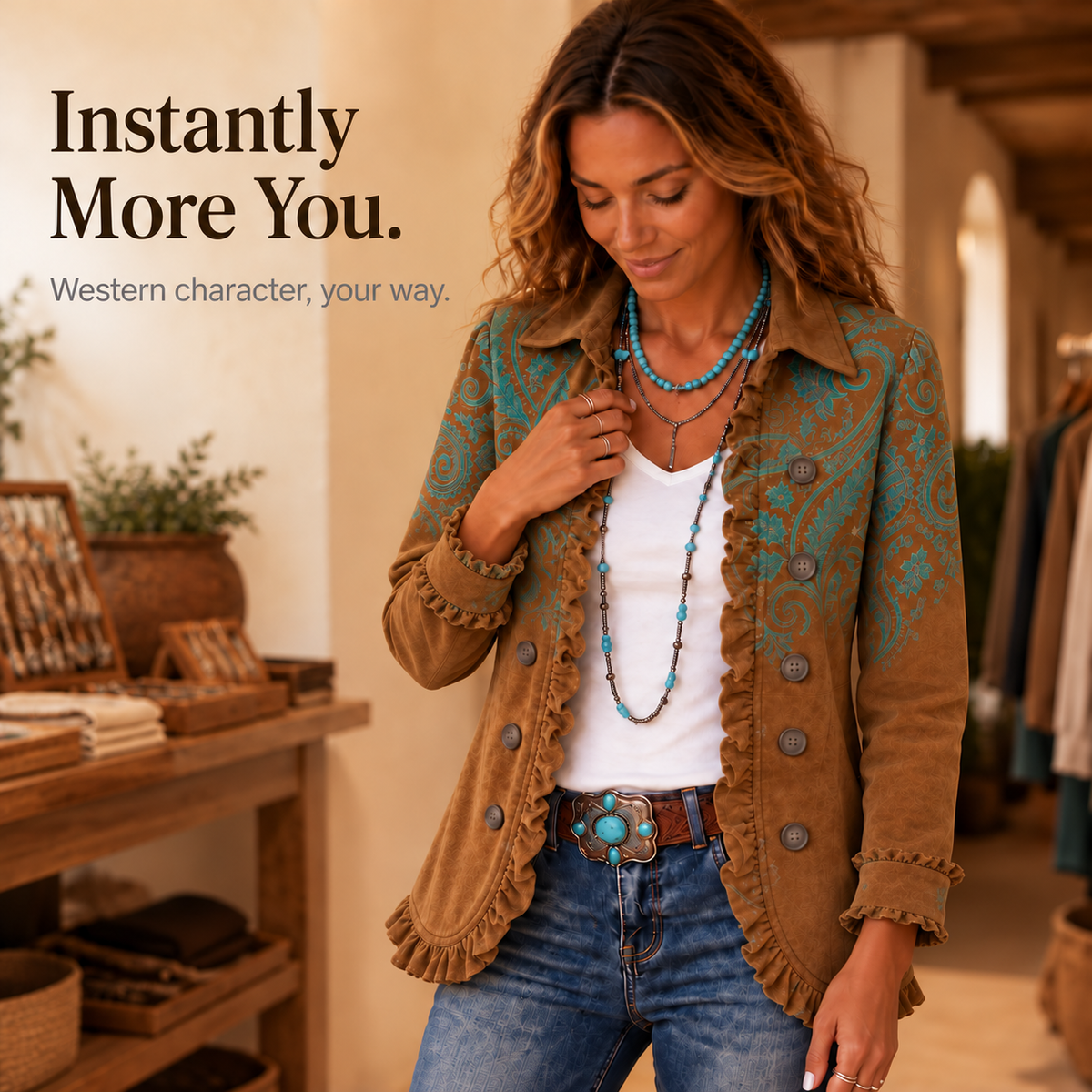 Paisley Belle – Ruffle-Trim Paisley Open-Front Jacket
