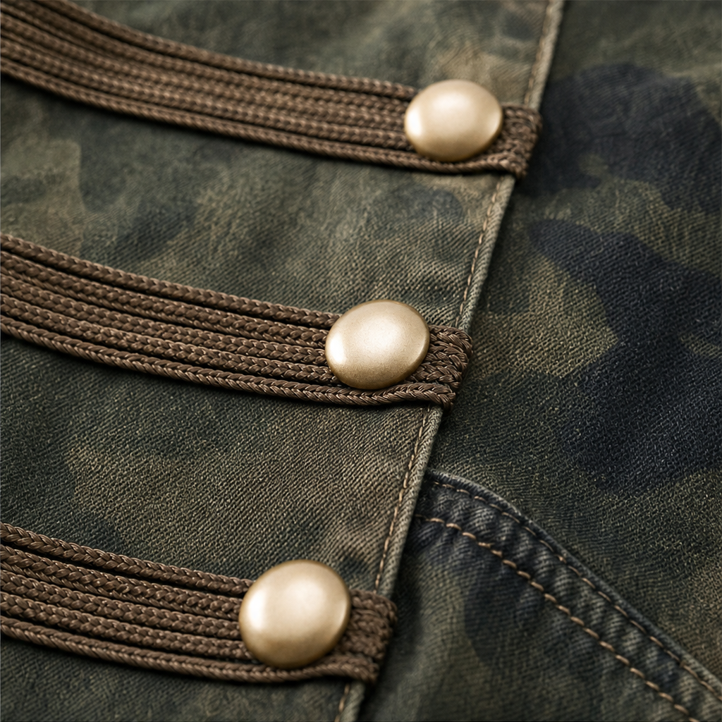Gilded Rebel – Gold Button Camouflage Denim Jacket
