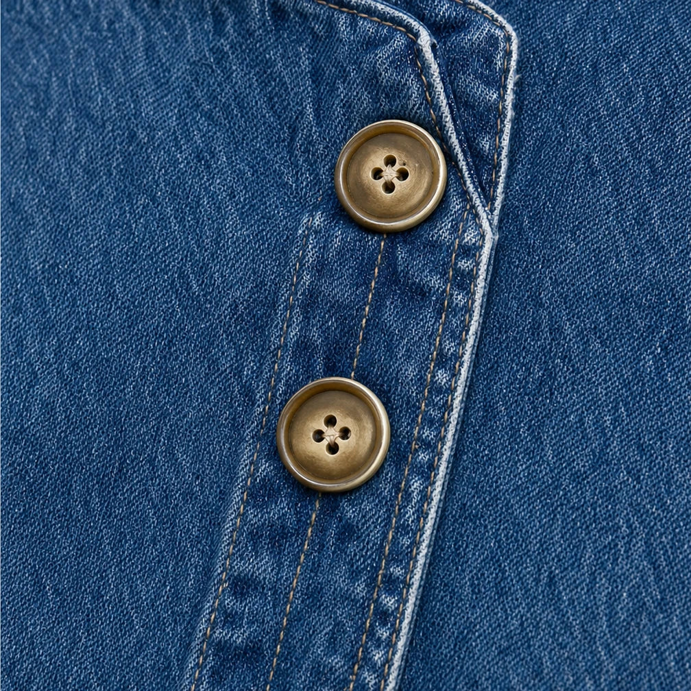 Angled Denim – Asymmetric Button Stand-Collar Denim-Look Jacket