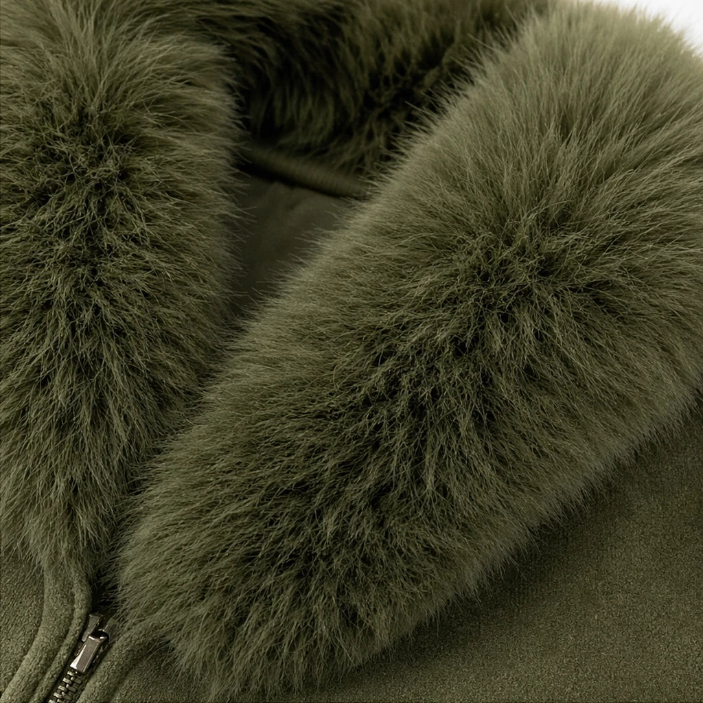 Olivelle – Olive Velvet Faux-Fur Collar Zip-Up Jacket
