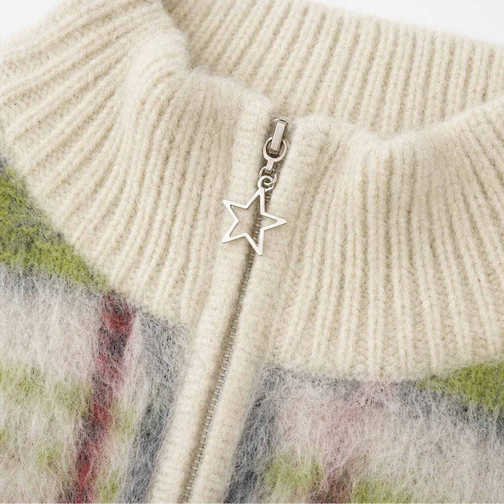 Checkermere – Plush Plaid Zip-Up High-Collar Cardigan