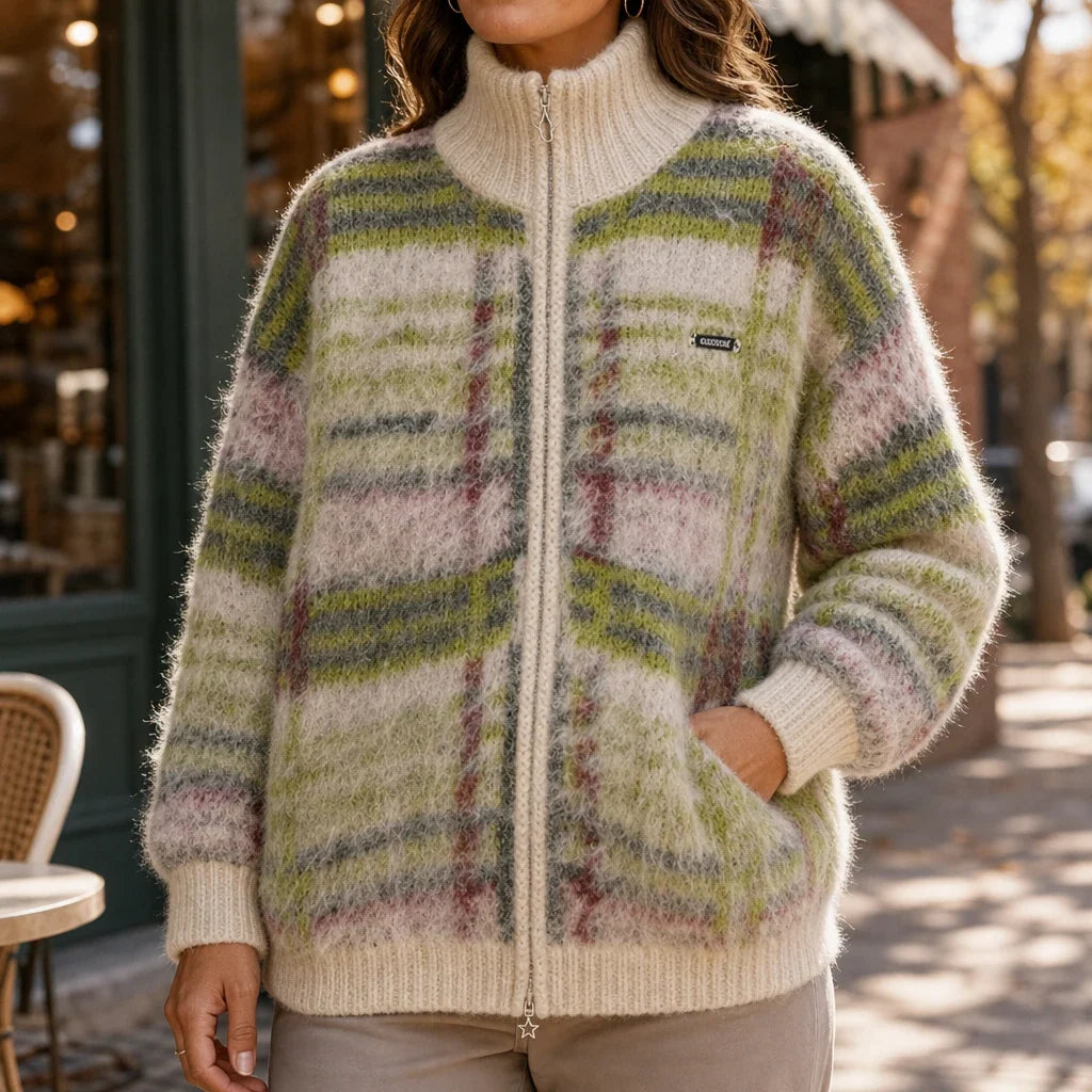 Checkermere – Plush Plaid Zip-Up High-Collar Cardigan