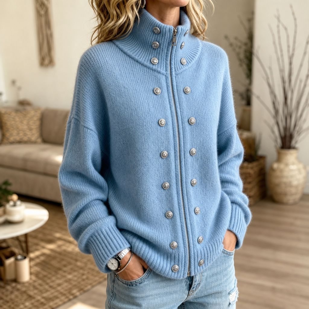 Mayfield – High-Collar Zip-Front Chunky Knit Cardigan Jacket
