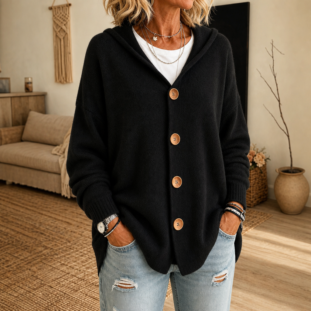 Hoodwell – Hooded Button-Front Knit Cardigan