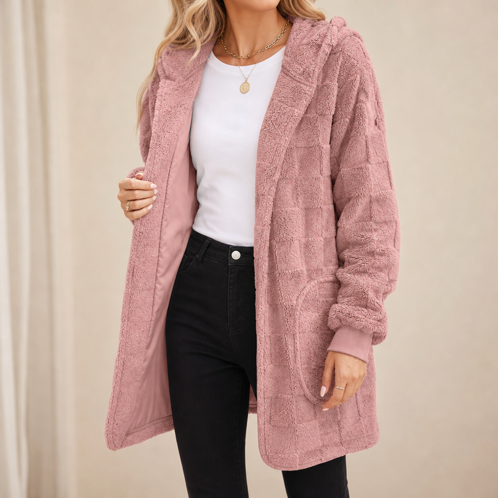 Checkora – Fluffy Checked Open-Front Cardigan