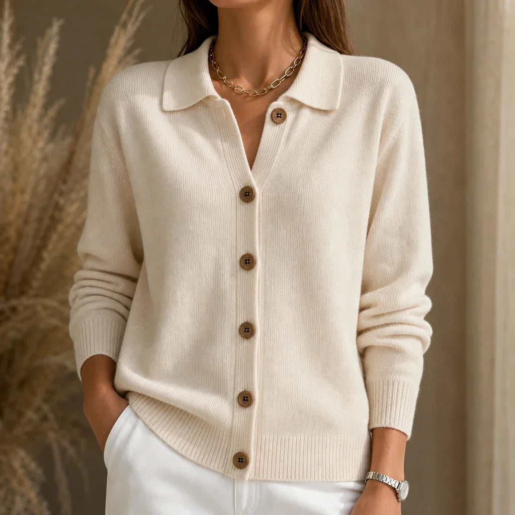 Collara – Turn-Down Collar Contrast-Button Knit Cardigan