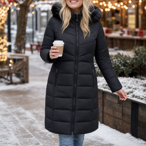 Chevronwarm – Longline Puffer Coat With Fur Hood