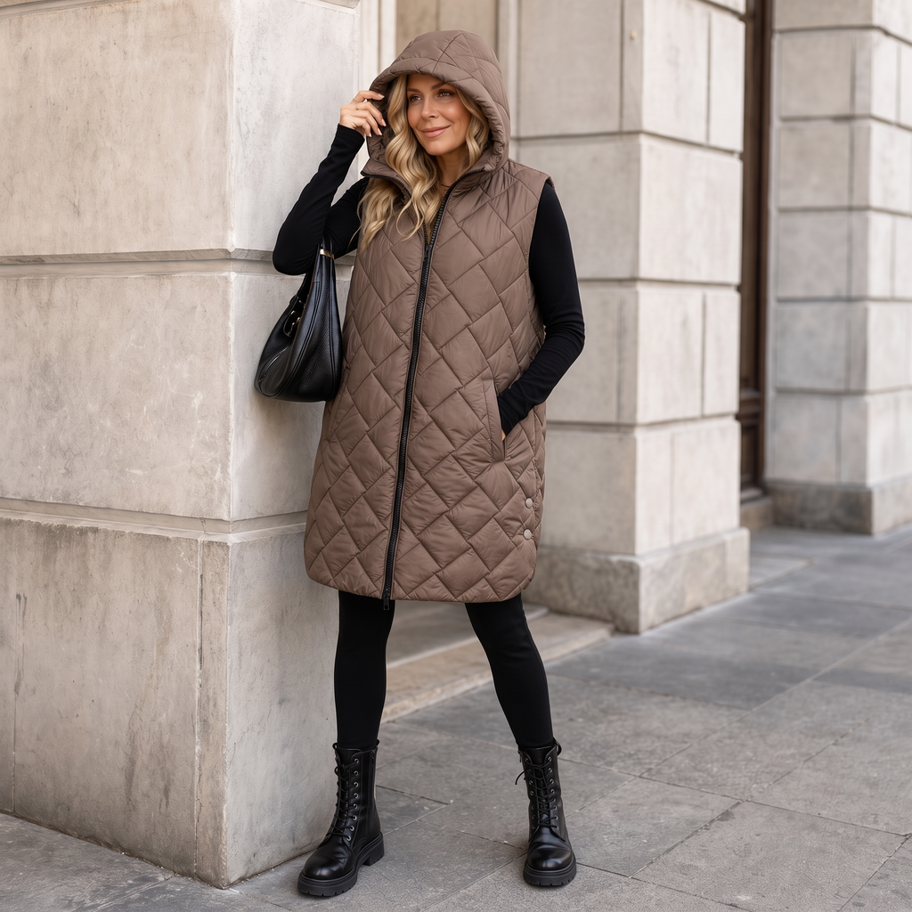 Quilted Ease – Square-Quilted Longline Hooded Vest