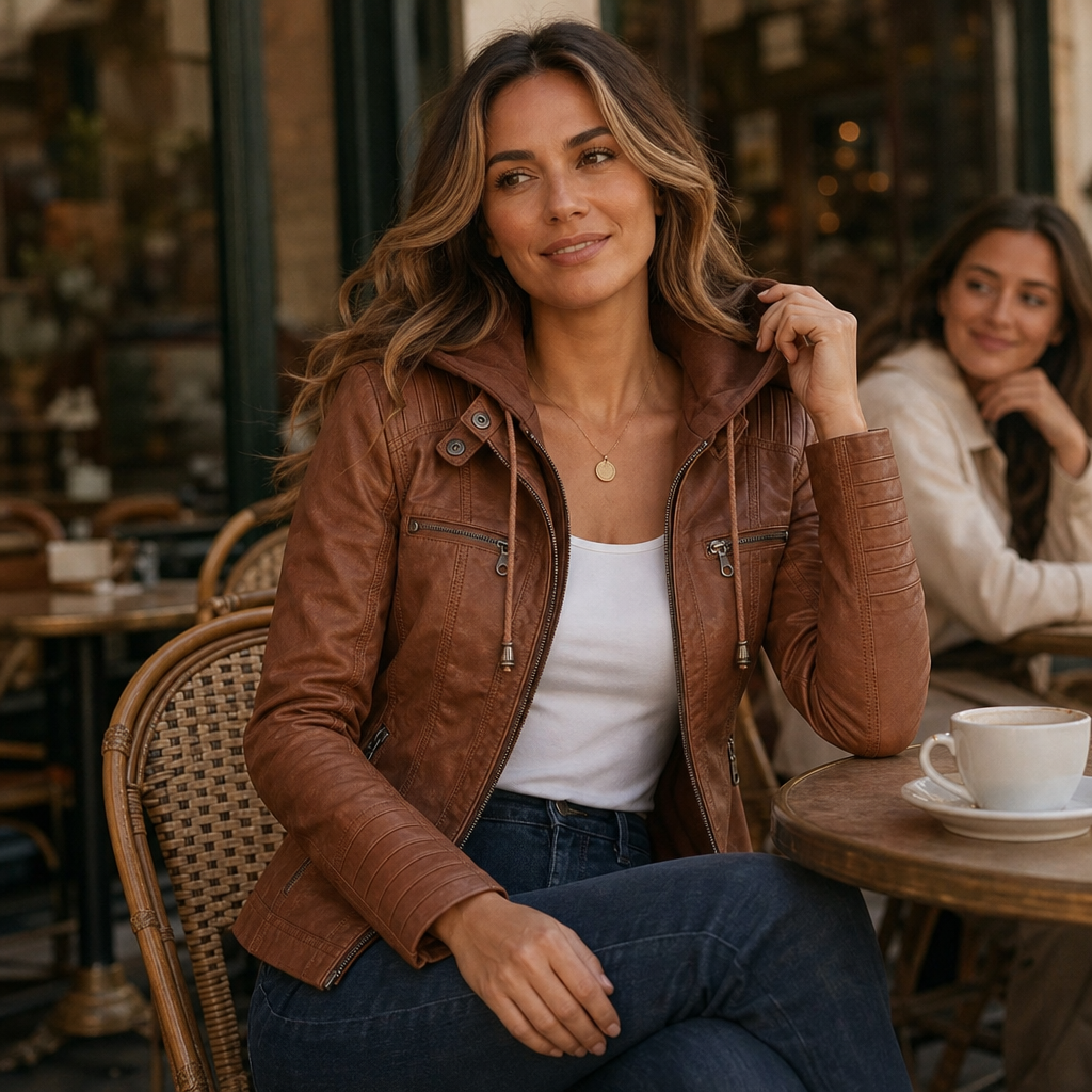 Flavia – Fitted Hooded Moto-Style Jacket