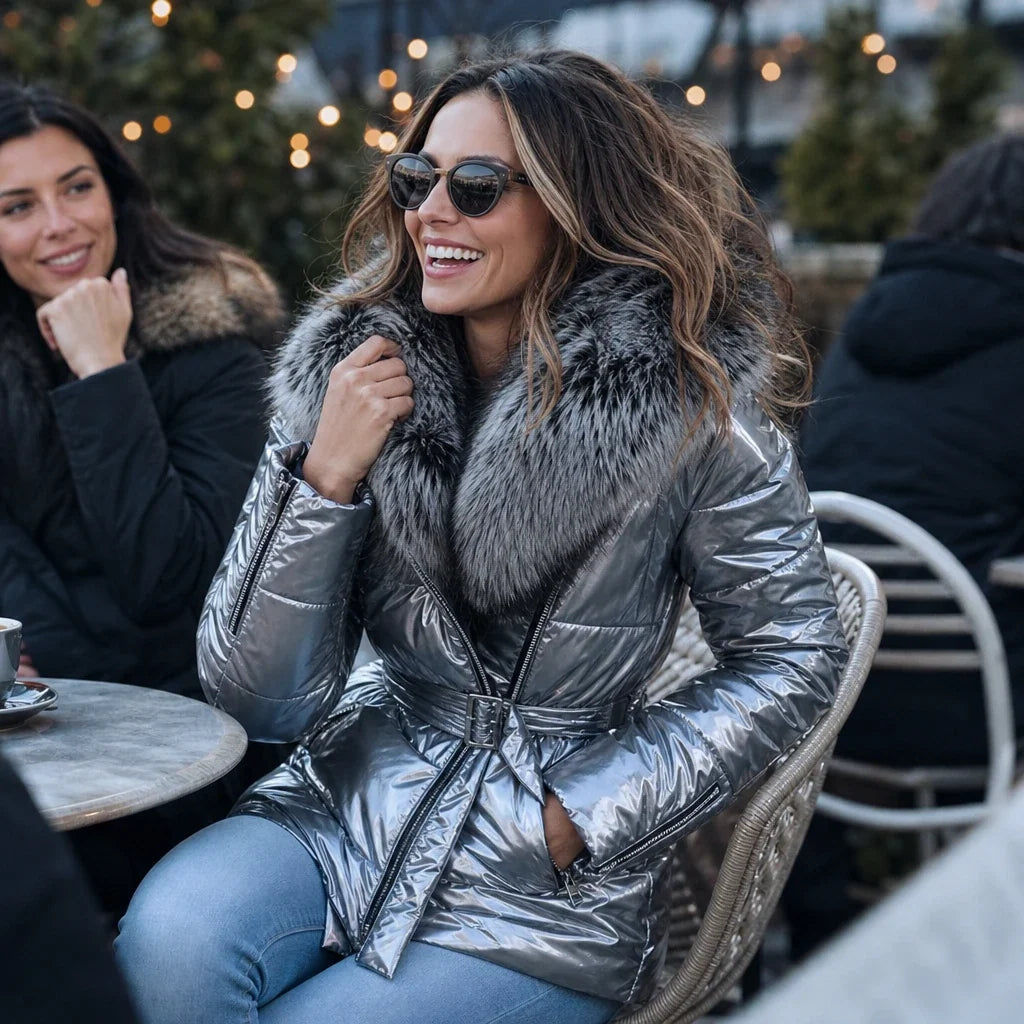 Veluna – Metallic Faux-Fur Collar Belted Puffer Jacket