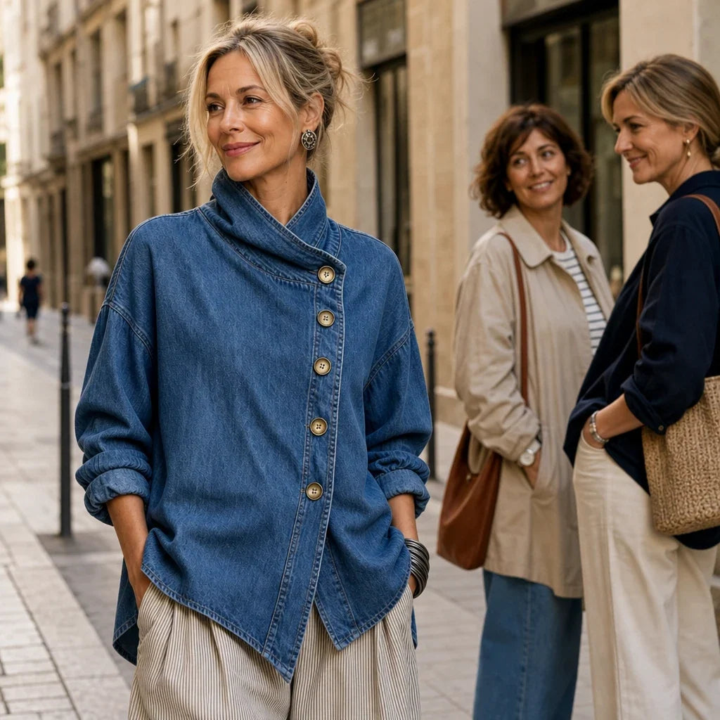 Angled Denim – Asymmetric Button Stand-Collar Denim-Look Jacket