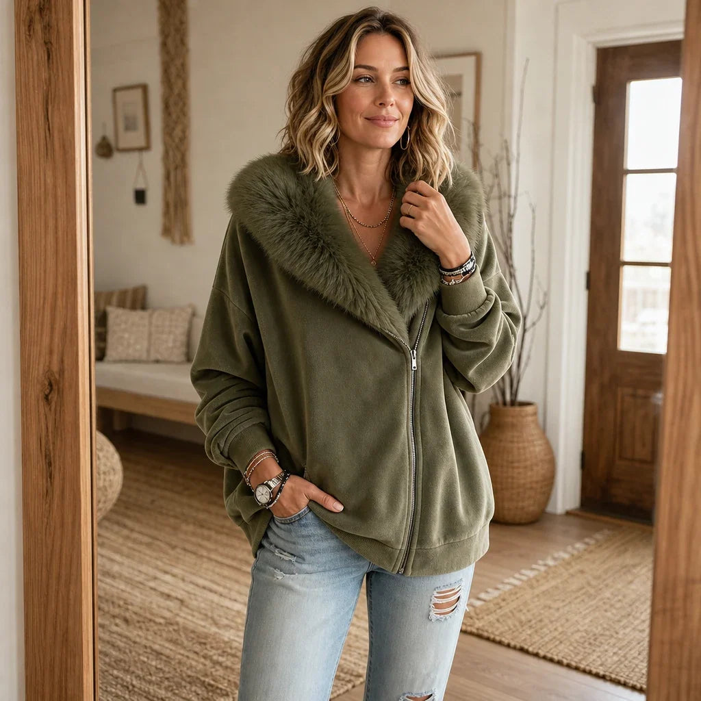 Olivelle – Olive Velvet Faux-Fur Collar Zip-Up Jacket