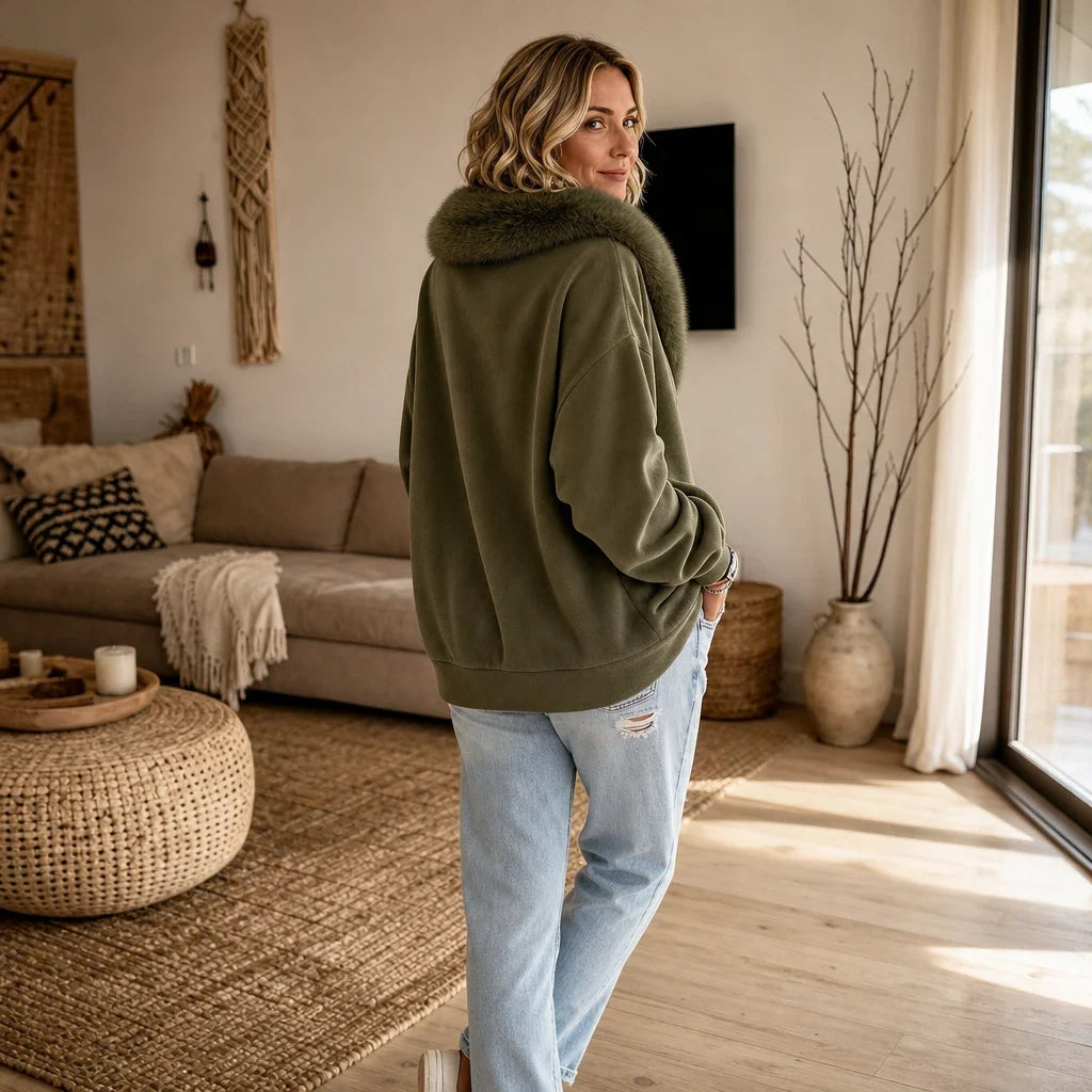 Olivelle – Olive Velvet Faux-Fur Collar Zip-Up Jacket