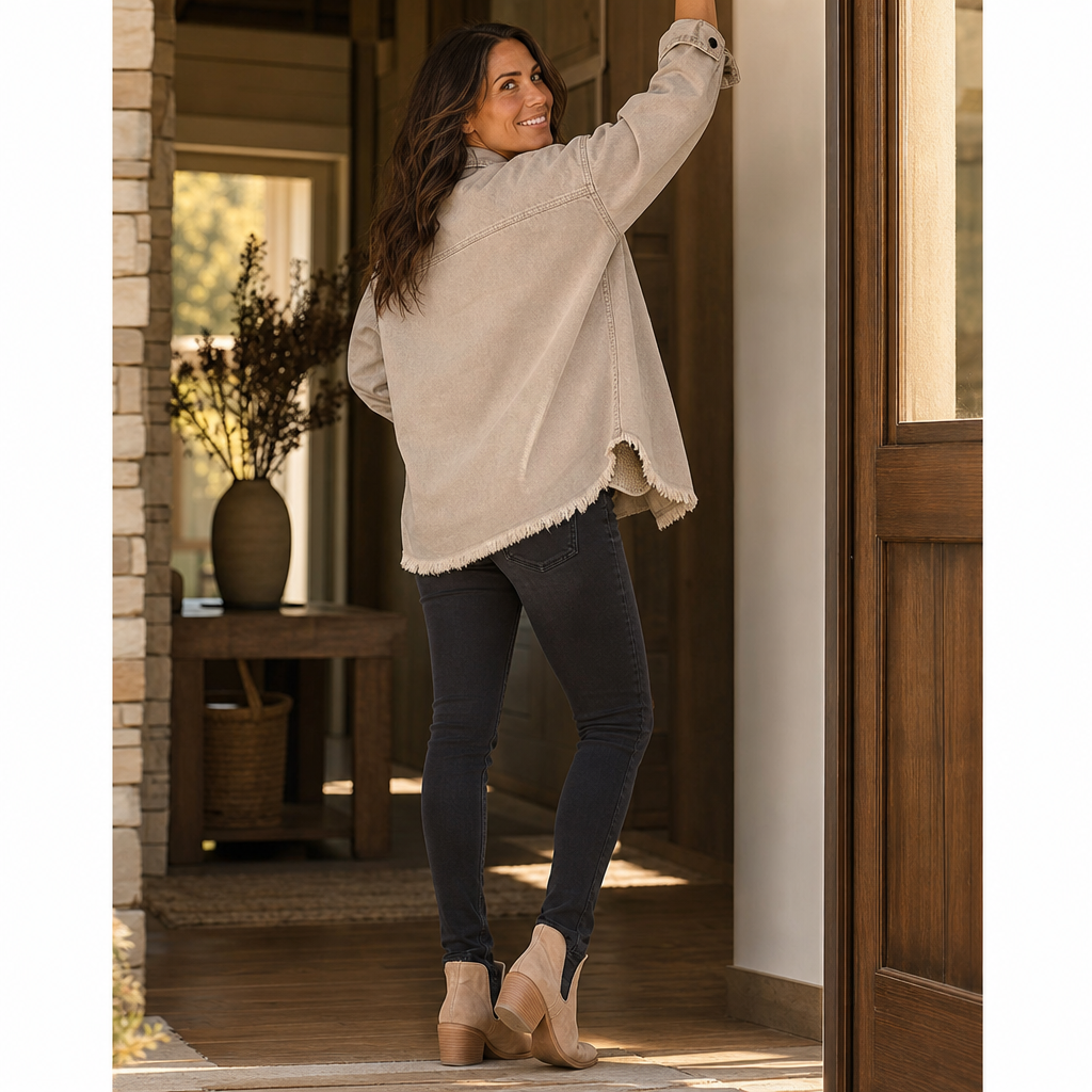 Frayden – Washed Frayed-Hem Denim-Look Jacket