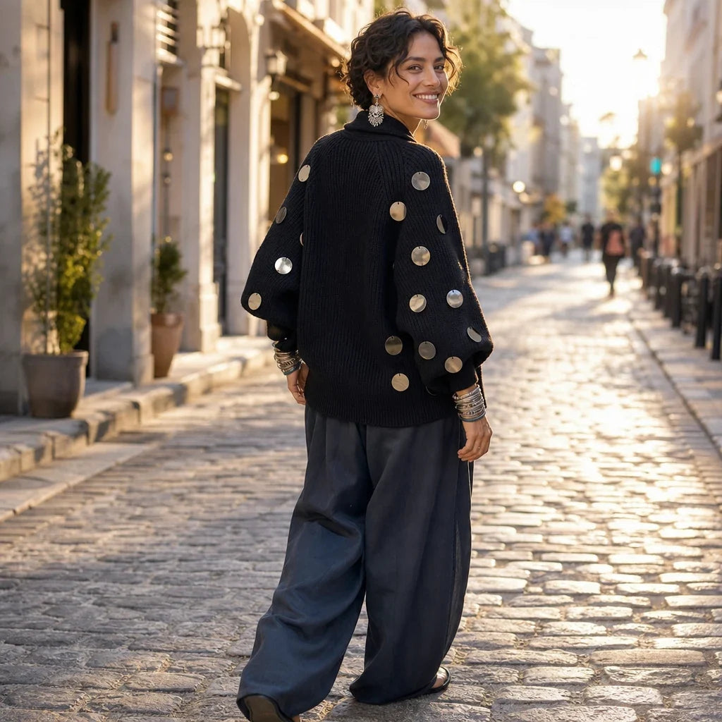 Diskelle – Metallic Disk Wrap Cardigan