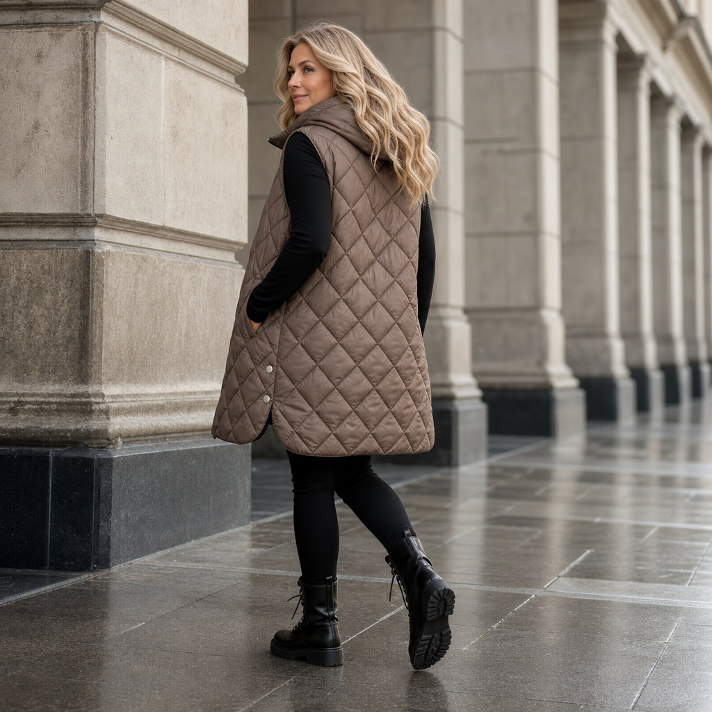 Quilted Ease – Square-Quilted Longline Hooded Vest