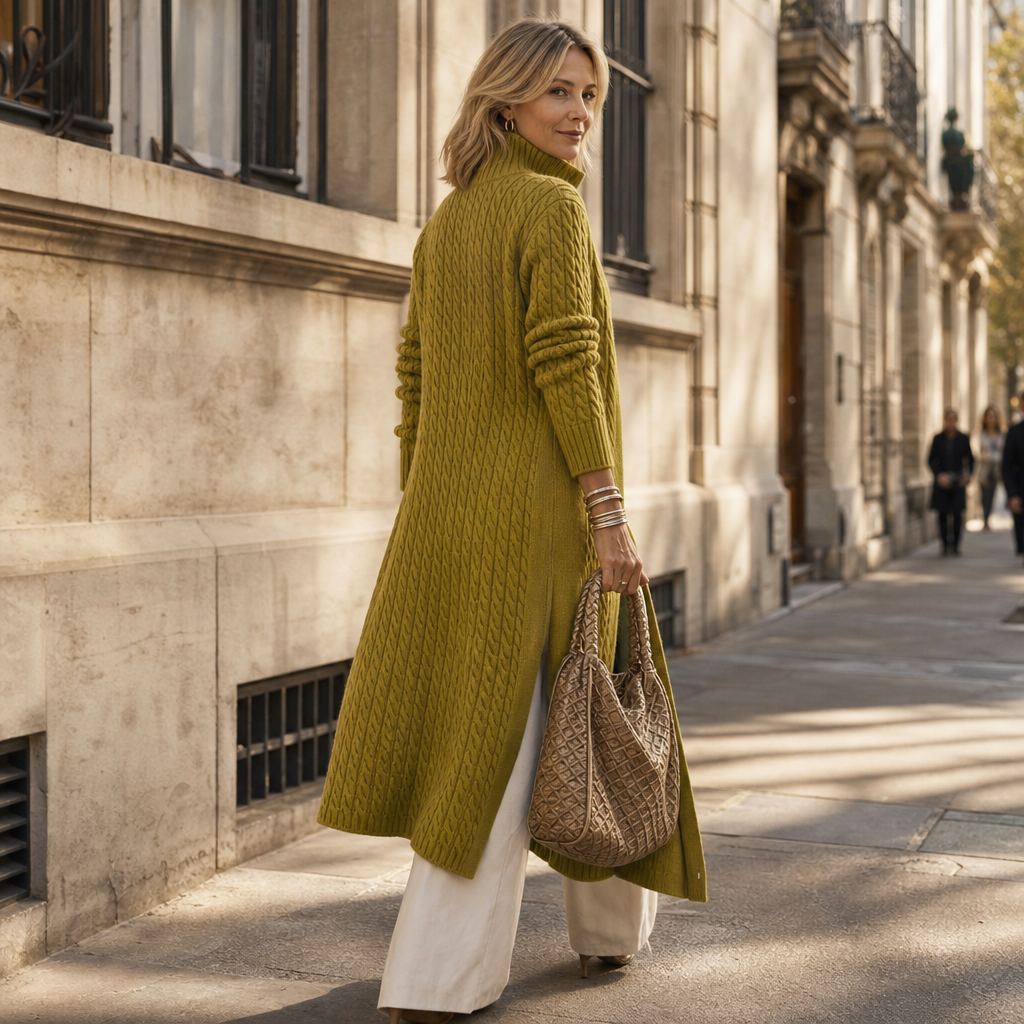 Cablemere – High Collar Cable-Knit Duster Cardigan