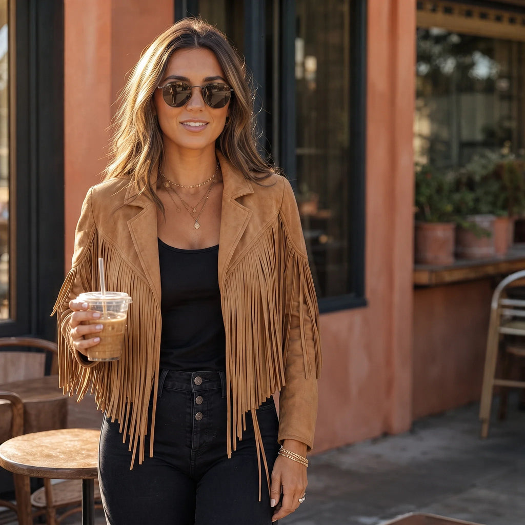 Fringe & Form – Laser-Cut Fringe Cropped Moto Jacket