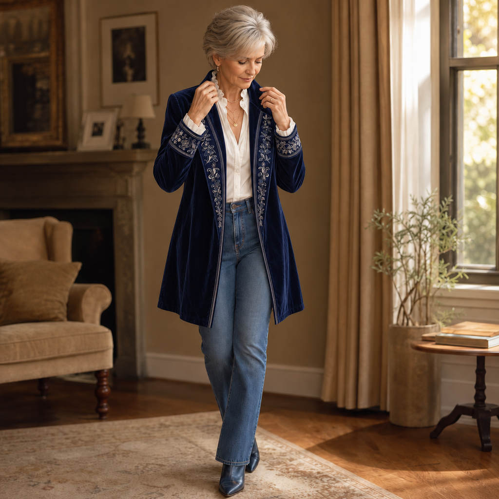 Anastasia – Velvet-Look Longline Blazer