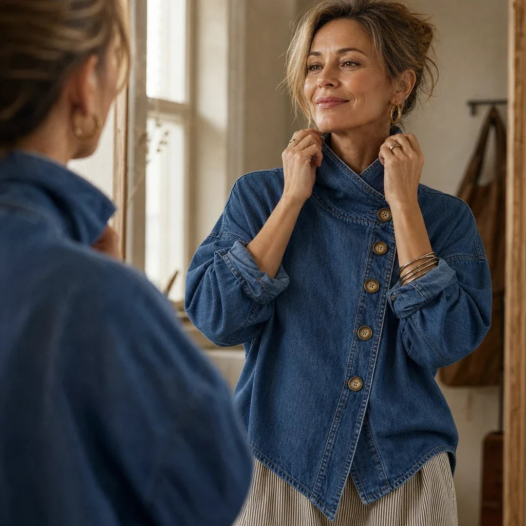 Angled Denim – Asymmetric Button Stand-Collar Denim-Look Jacket
