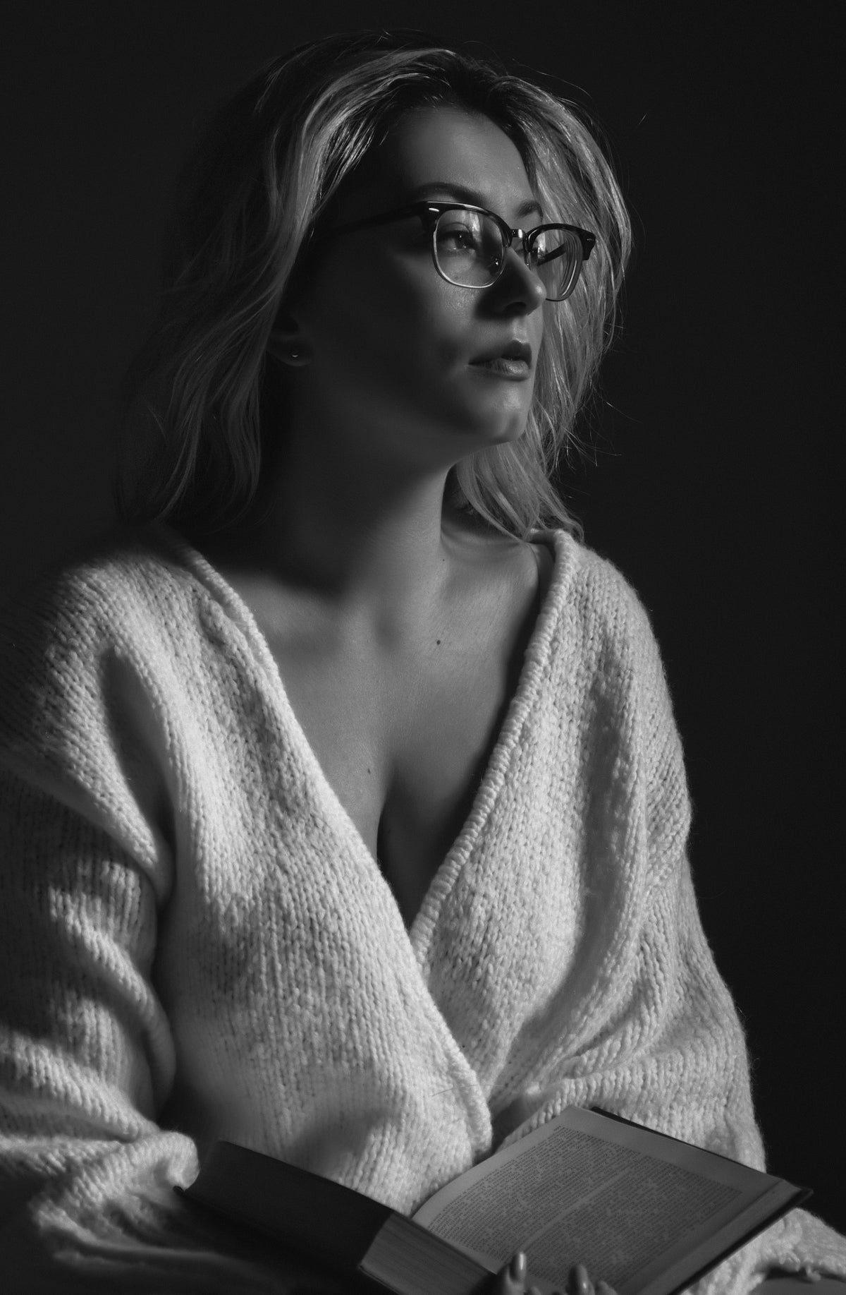 Woman in a white knit sweater