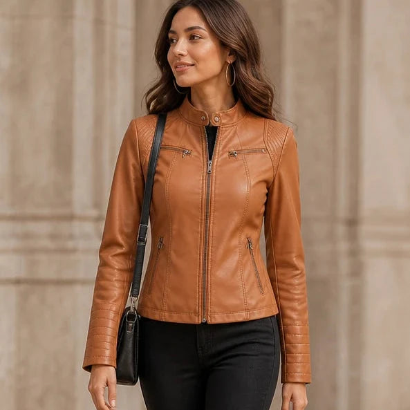 Velora – Cropped Faux-Leather Biker Jacket
