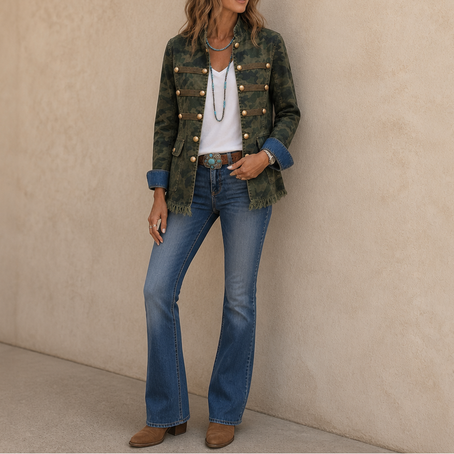 Gilded Rebel – Gold Button Camouflage Denim Jacket