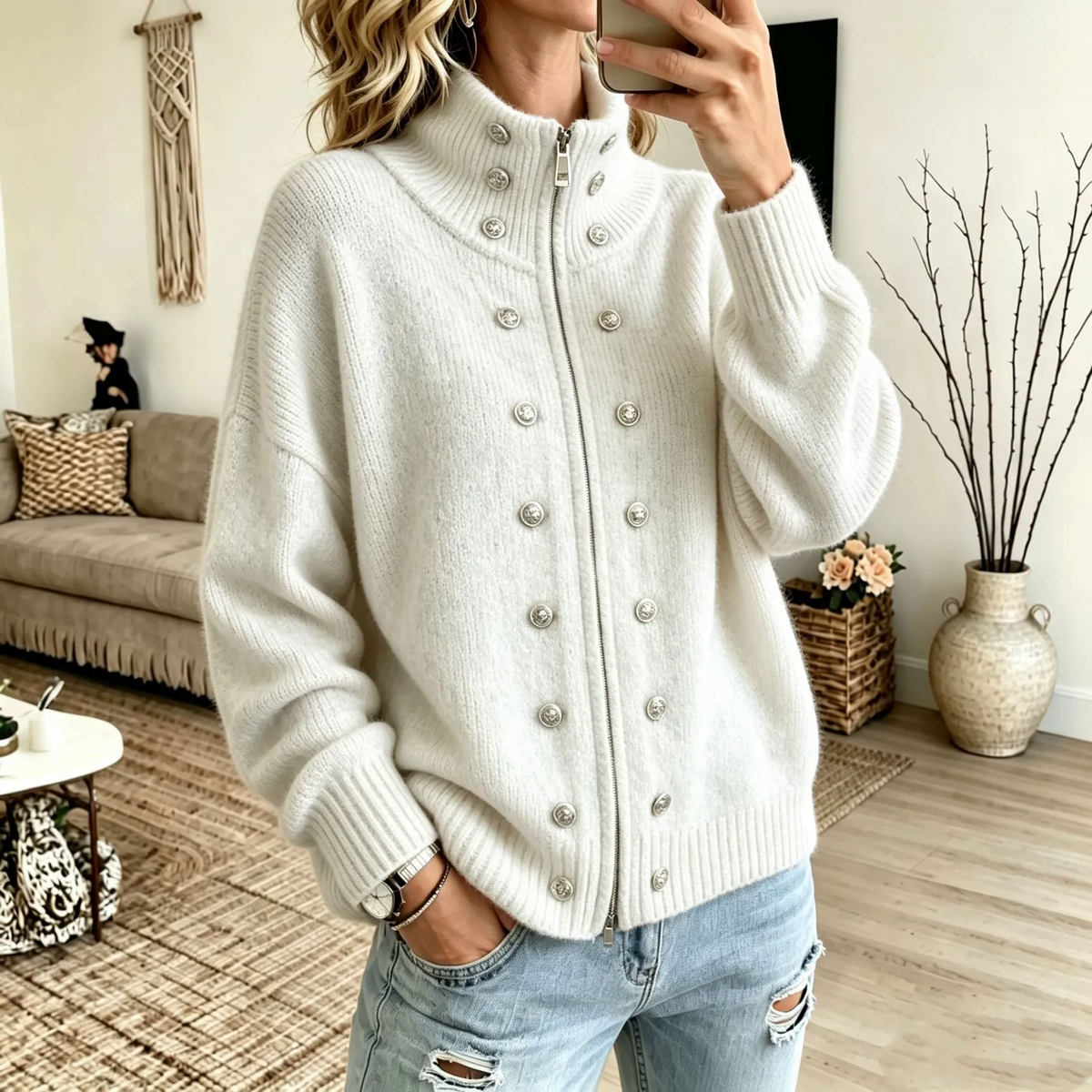 Mayfield – High-Collar Zip-Front Chunky Knit Cardigan Jacket