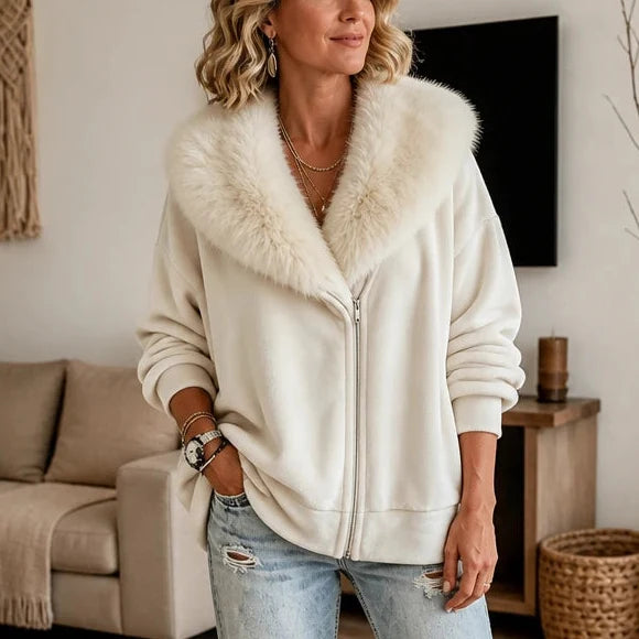 Olivelle – Olive Velvet Faux-Fur Collar Zip-Up Jacket