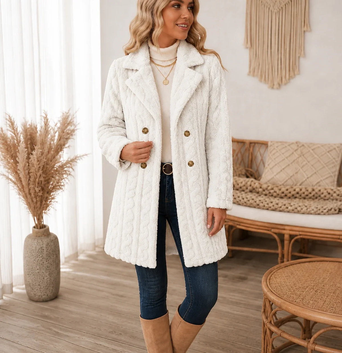 Wintelle – Textured Double-Breasted Winter Coat