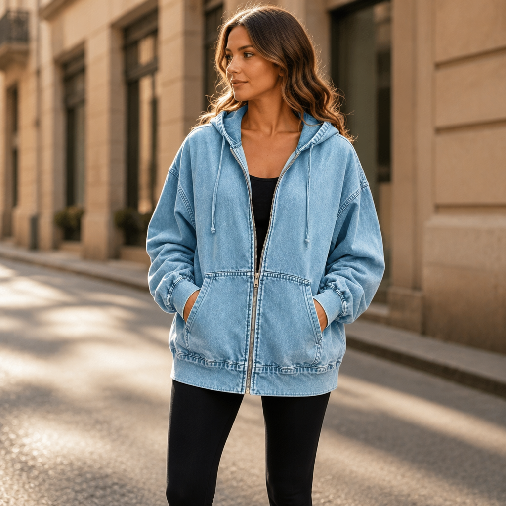 Denim Muse – Oversized Washed Denim Zip-Up Hoodie Jacket