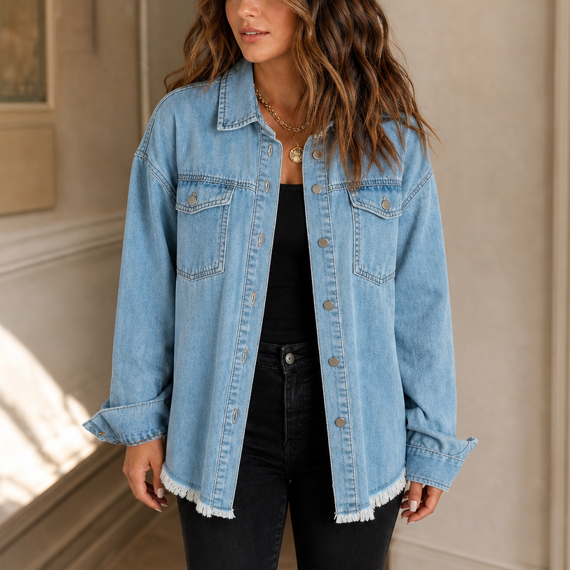 Frayden – Washed Frayed-Hem Denim-Look Jacket