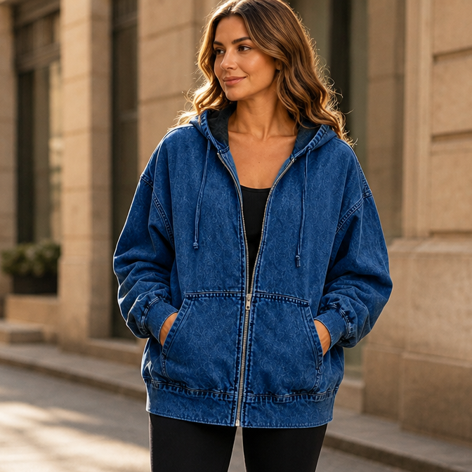 Denim Muse – Oversized Washed Denim Zip-Up Hoodie Jacket