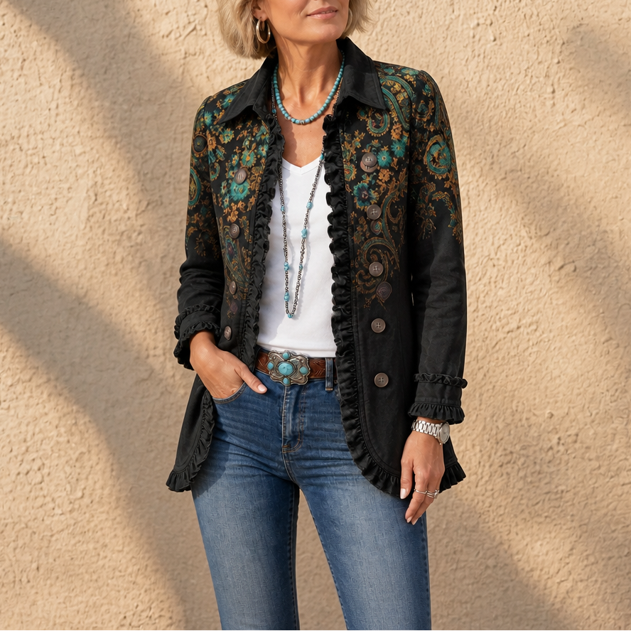 Paisley Belle – Ruffle-Trim Paisley Open-Front Jacket