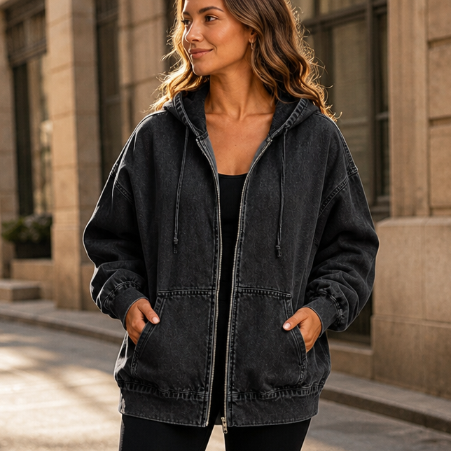 Denim Muse – Oversized Washed Denim Zip-Up Hoodie Jacket