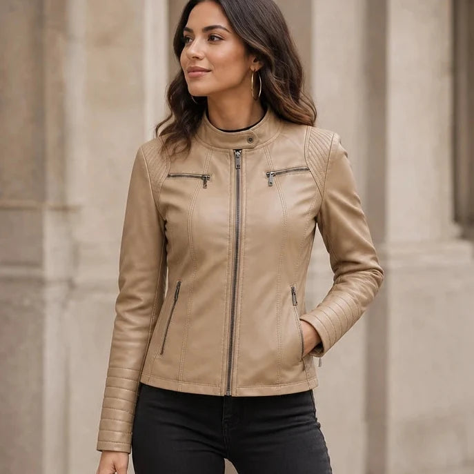 Velora – Cropped Faux-Leather Biker Jacket