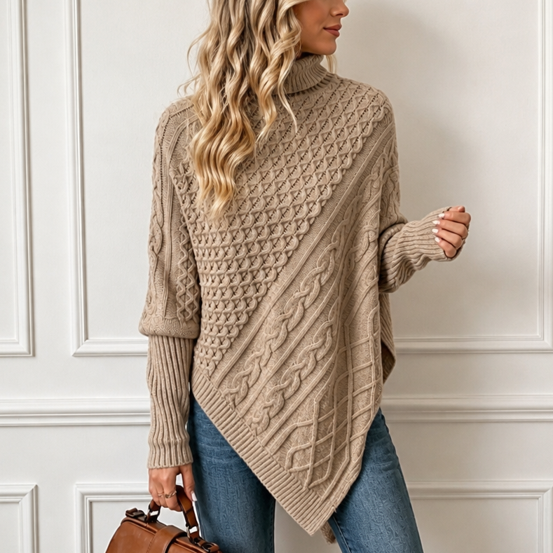 Cablelle – Asymmetric Cable-Knit Turtleneck Poncho