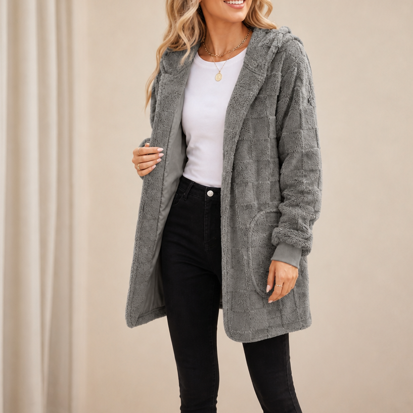 Checkora – Fluffy Checked Open-Front Cardigan