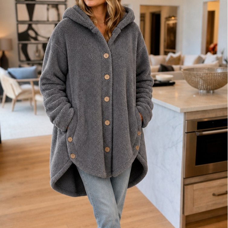 Veluna – Asymmetrical Button-Front Hooded Fleece Coat
