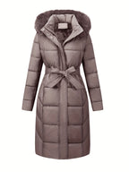 Women's Belted Faux Fur Hooded Puffer Coat