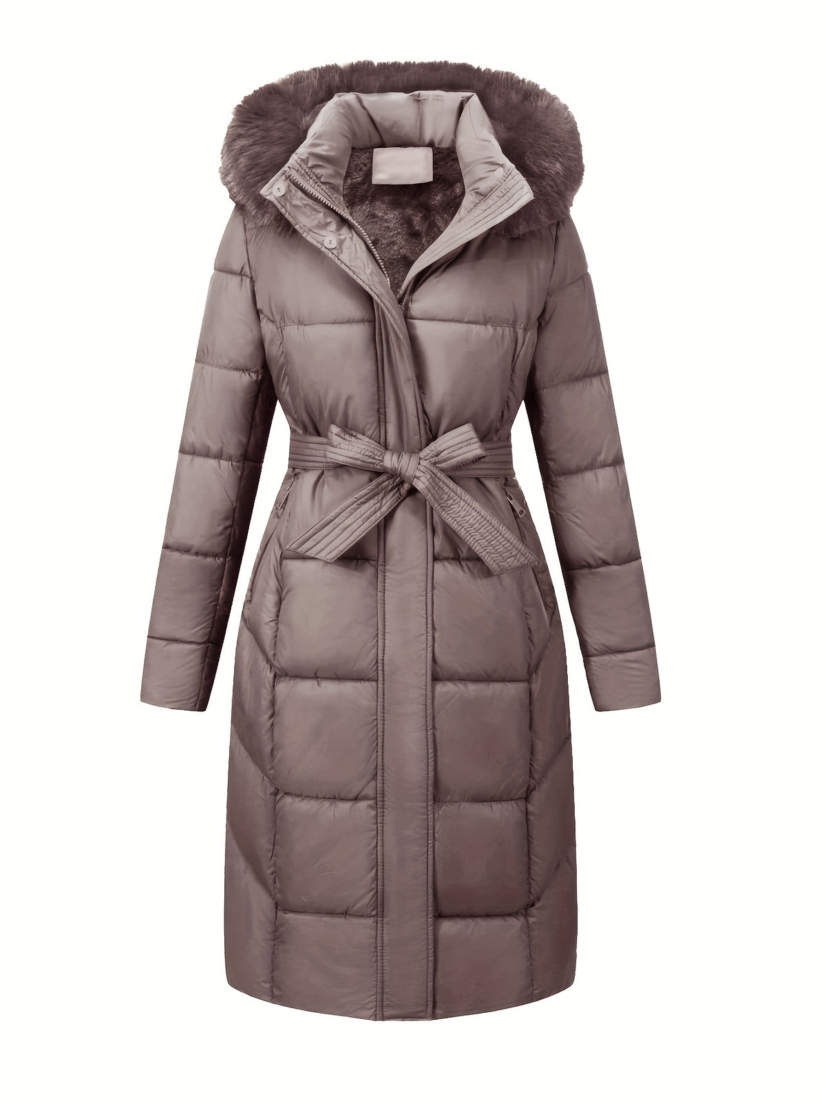Women's Belted Faux Fur Hooded Puffer Coat