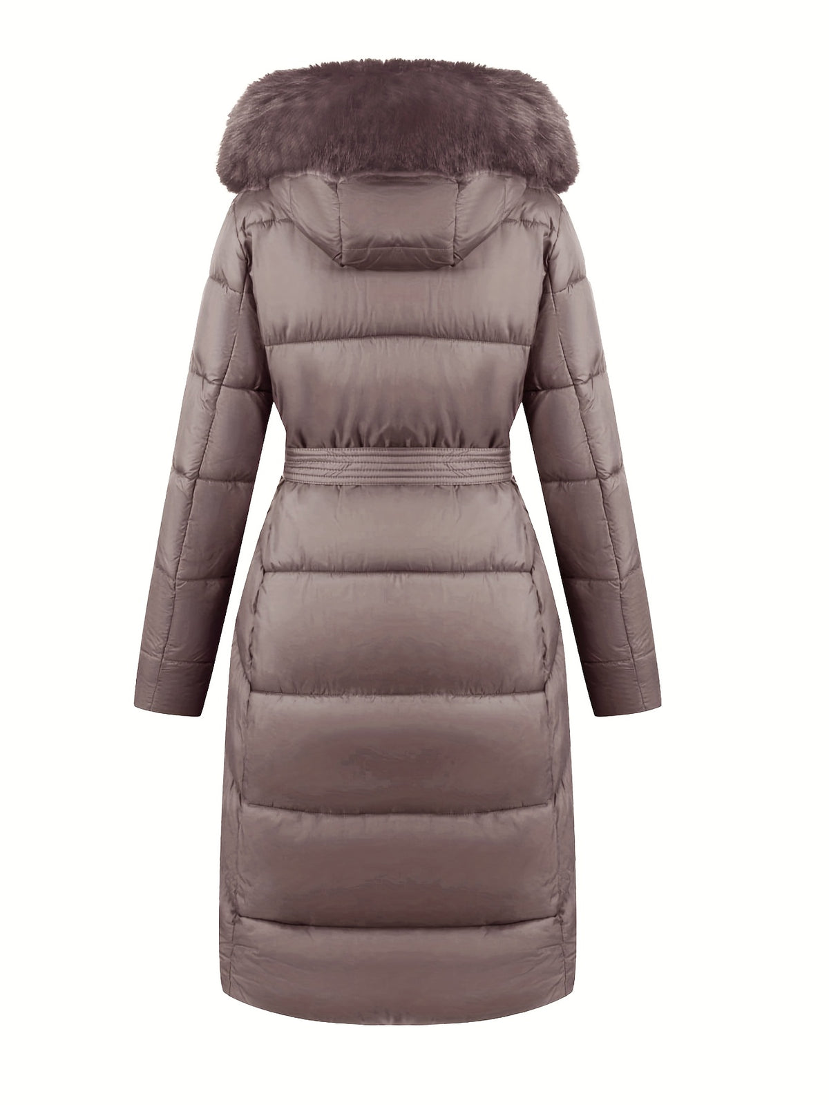 Women's Belted Faux Fur Hooded Puffer Coat