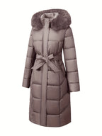 Women's Belted Faux Fur Hooded Puffer Coat